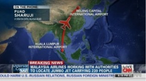 The route of the lost Malaysia Airlines aircraft