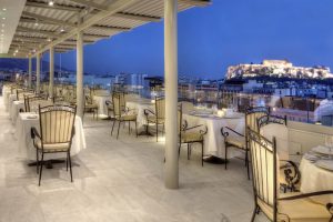 Titania Hotel _ Olive Garden veranda_ Acropolis view (night)