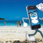 A cartoon smartphone with a fistful of cash on a beach