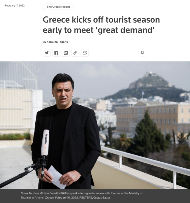 Β. Κικίλιας στο Reuters: Η Ελλάδα βρίσκεται στην pole position του Τουρισμού