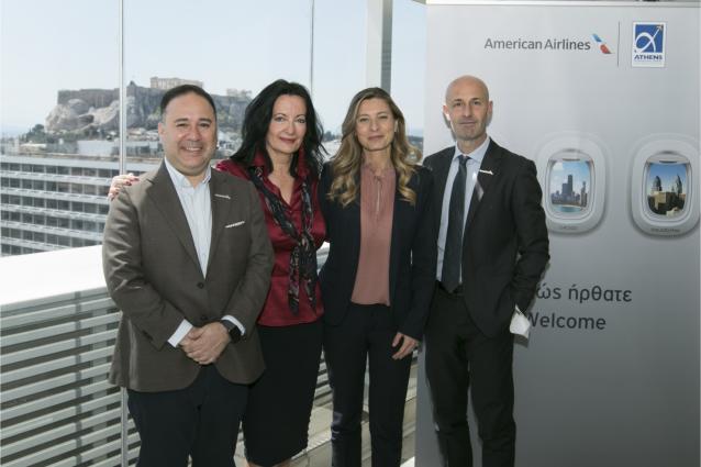 From left, Mr. Cristian Lizana Prado, Regional Director for Europe Sales, American Airlines, Ms. Ioanna Papadopoulou, Director of Communications and Marketing for Athens International Airport, Ms. Cristina Casati, Regional Sales Manager Southeast Europe, American Airlines and Mr. Adriano Gabrielli, Channel Sales Manager Southeast Europe, American Airlines