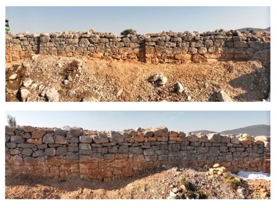 Τμήμα του τείχους δυτικά της Νότιας Πύλης, πριν και μετά την καθ’ ύψος συμπλήρωση(2025)