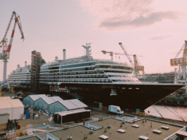 The cruise ship EXPLORA III docked at Fincantieri's Sestri Ponente shipyard in Genoa ahead of its delivery ceremony.