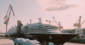 The cruise ship EXPLORA III docked at Fincantieri's Sestri Ponente shipyard in Genoa ahead of its delivery ceremony.