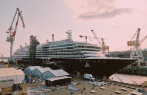 The cruise ship EXPLORA III docked at Fincantieri's Sestri Ponente shipyard in Genoa ahead of its delivery ceremony.