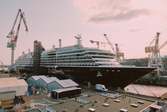 The cruise ship EXPLORA III docked at Fincantieri's Sestri Ponente shipyard in Genoa ahead of its delivery ceremony.