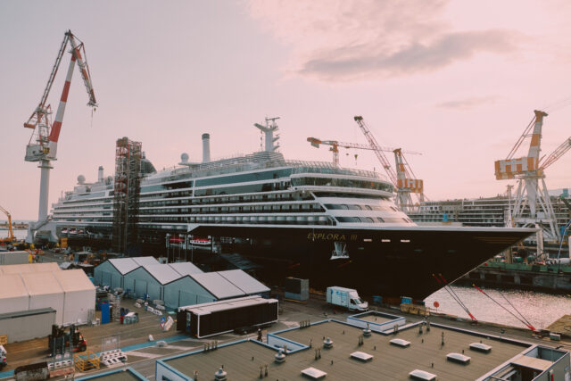 The cruise ship EXPLORA III docked at Fincantieri's Sestri Ponente shipyard in Genoa ahead of its delivery ceremony.