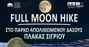 Αφίσα της νυχτερινής περιήγησης Full Moon Hike στο Πάρκο Απολιθωμένου Δάσους Πλάκας Σιγρίου στη Λέσβο.