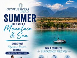 Πιερία: Διαγωνισμός Instagram “Summer Between Mountain & Sea” Αφίσα της καμπάνιας Summer Between Mountain and Sea του Olympus Riviera Greece με ζευγάρι σε παραλία και θέα στον Όλυμπο