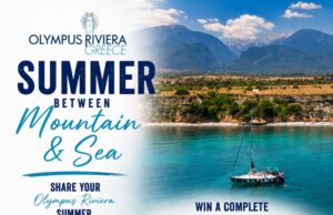 Πιερία: Διαγωνισμός Instagram “Summer Between Mountain & Sea” Αφίσα της καμπάνιας Summer Between Mountain and Sea του Olympus Riviera Greece με ζευγάρι σε παραλία και θέα στον Όλυμπο