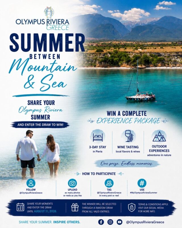 Αφίσα της καμπάνιας Summer Between Mountain and Sea του Olympus Riviera Greece με ζευγάρι σε παραλία και θέα στον Όλυμπο