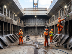 InnerHull expands cargo hold cleaning to 13 global markets Cargo hold cleaning crew in orange overalls pressure-washing and scrubbing a bulk carrier's cargo hold.