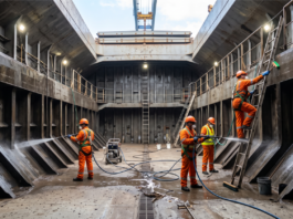InnerHull expands cargo hold cleaning to 13 global markets Cargo hold cleaning crew in orange overalls pressure-washing and scrubbing a bulk carrier's cargo hold.