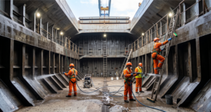 Cargo hold cleaning crew in orange overalls pressure-washing and scrubbing a bulk carrier's cargo hold.