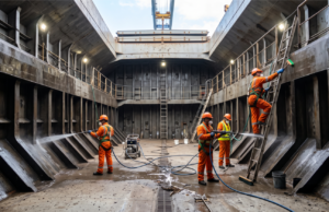 InnerHull expands cargo hold cleaning to 13 global markets Cargo hold cleaning crew in orange overalls pressure-washing and scrubbing a bulk carrier's cargo hold.