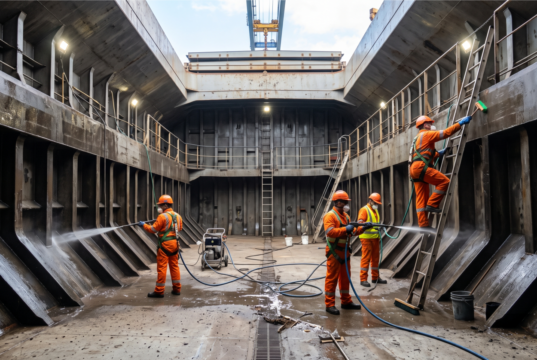 InnerHull expands cargo hold cleaning to 13 global markets Cargo hold cleaning crew in orange overalls pressure-washing and scrubbing a bulk carrier's cargo hold.
