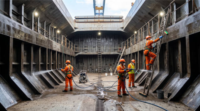 Cargo hold cleaning crew preparing a bulk carrier to grain standard Cargo hold cleaning crew in orange overalls pressure-washing and scrubbing a bulk carrier's cargo hold.